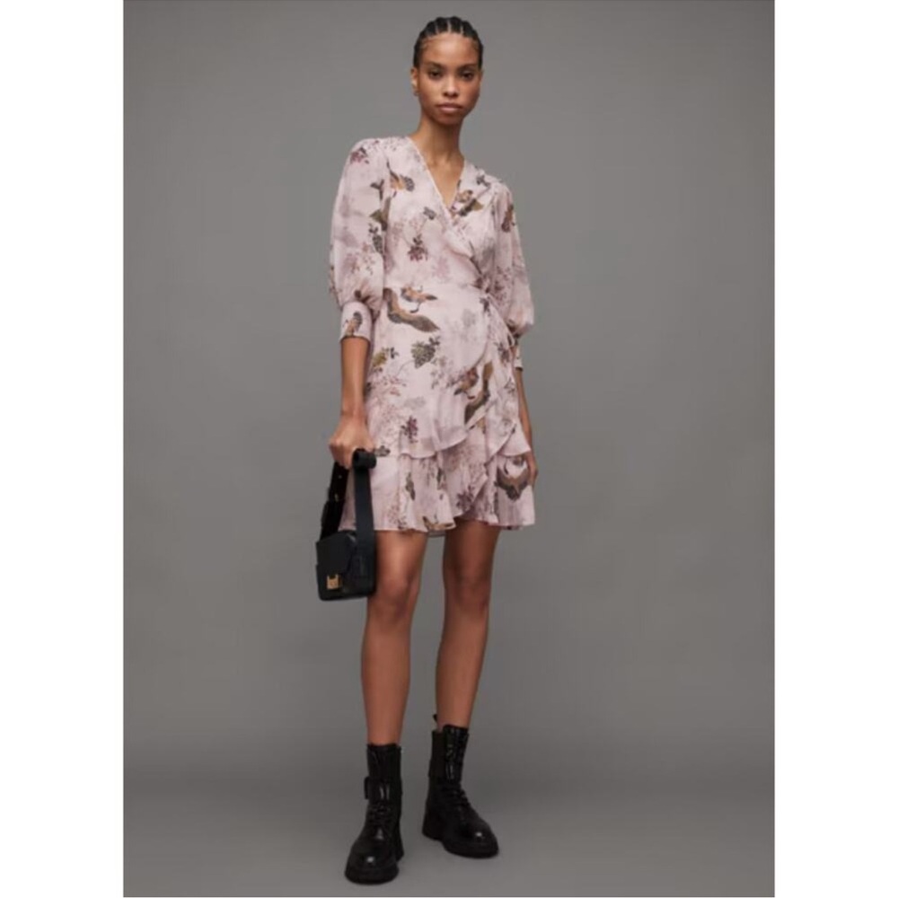 All Saints Ari Peggy Wrap Dress Pink Chiffon Bird Print US 12 NEW